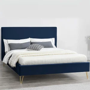 Bed van Blauw Fluweel & Messing Poten 140×190 cm Riverside Bed van Blauw Fluweel & Messing Poten 140×190 cm Riverside