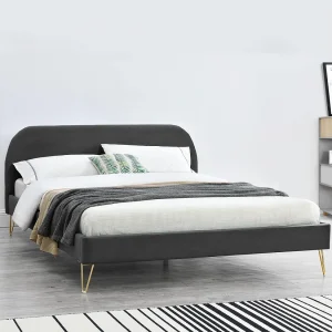 Bed in Grijze Velours & Messing Poten 140×190 cm PHOENIX Bed in Grijze Velours & Messing Poten 140×190 cm PHOENIX