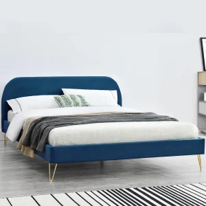 Bed van blauw fluweel & messing poten 140×190 cm PHOENIX Bed van blauw fluweel & messing poten 140×190 cm PHOENIX