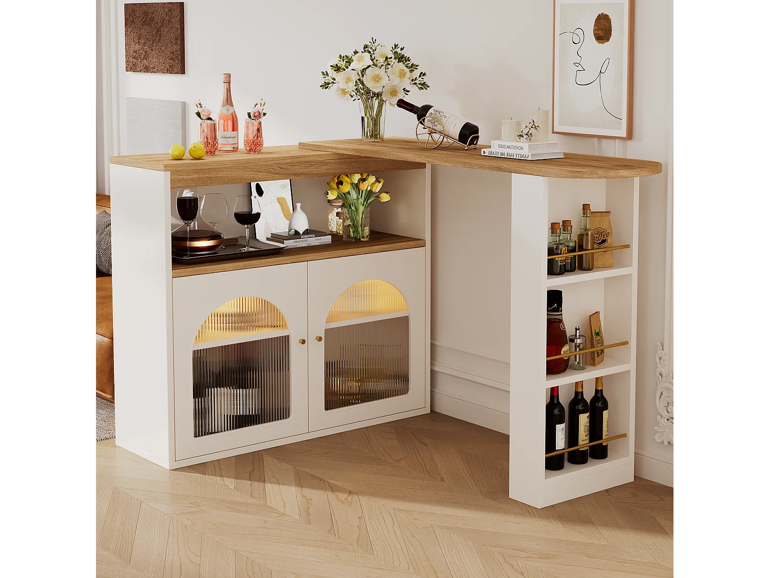 Bartafel - Uittrekbare Bartafel Met Draaifunctie - 138-193x39x105 cm - 3 Vaks Opbergruimte - Met Instelbare LED-Lichtlijst - Spaanplaat Wit