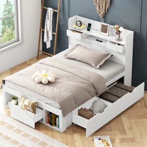 Bed 90x200cm – Met USB- en Type-C-poort – Met Ladefunctie En Opbergruimte – Voor Kinderen En Jongeren – Hout – Wit – Zonder matras Bed 90x200cm – Met USB- en Type-C-poort – Met Ladefunctie En Opbergruimte – Voor Kinderen En Jongeren – Hout – Wit – Zonder matras