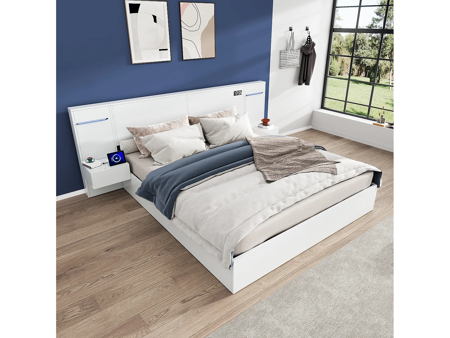 Bed 180x200 cm - Bluetooth-Luidsprekers en Instelbare Sfeerverlichting - Met 2 Nachtkastjes - MDF Modern - Wit - Zonder matras