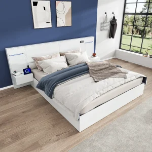 Bed 160×200 cm – Met Bluetooth Luidsprekers En USB-A/USB-C – Instelbare Sfeerverlichting – 2 Nachtkastjes – MDF – Zonder Matras – Wit Bed 160×200 cm – Met Bluetooth Luidsprekers En USB-A/USB-C – Instelbare Sfeerverlichting – 2 Nachtkastjes – MDF – Zonder Matras – Wit