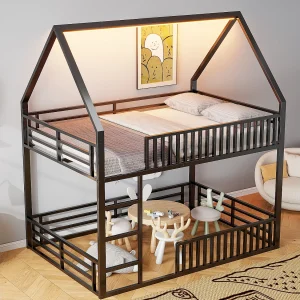 Bed 140 x 200 cm – Huis Stapelbed Met Hekwerk In Hekstijl En LED-Verlichting 7 Kleuren – Metaal – Zonder Matras – Modern Laag Design – Zwart