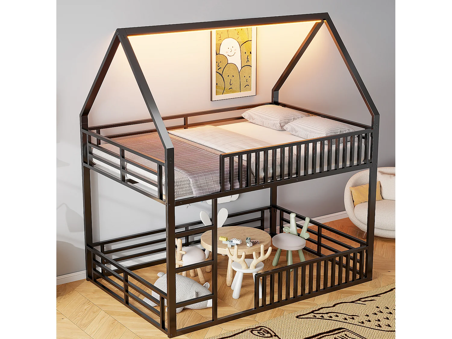 Bed 140 x 200 cm - Huis Stapelbed Met Hekwerk In Hekstijl En LED-Verlichting 7 Kleuren - Metaal - Zonder Matras - Modern Laag Design - Zwart