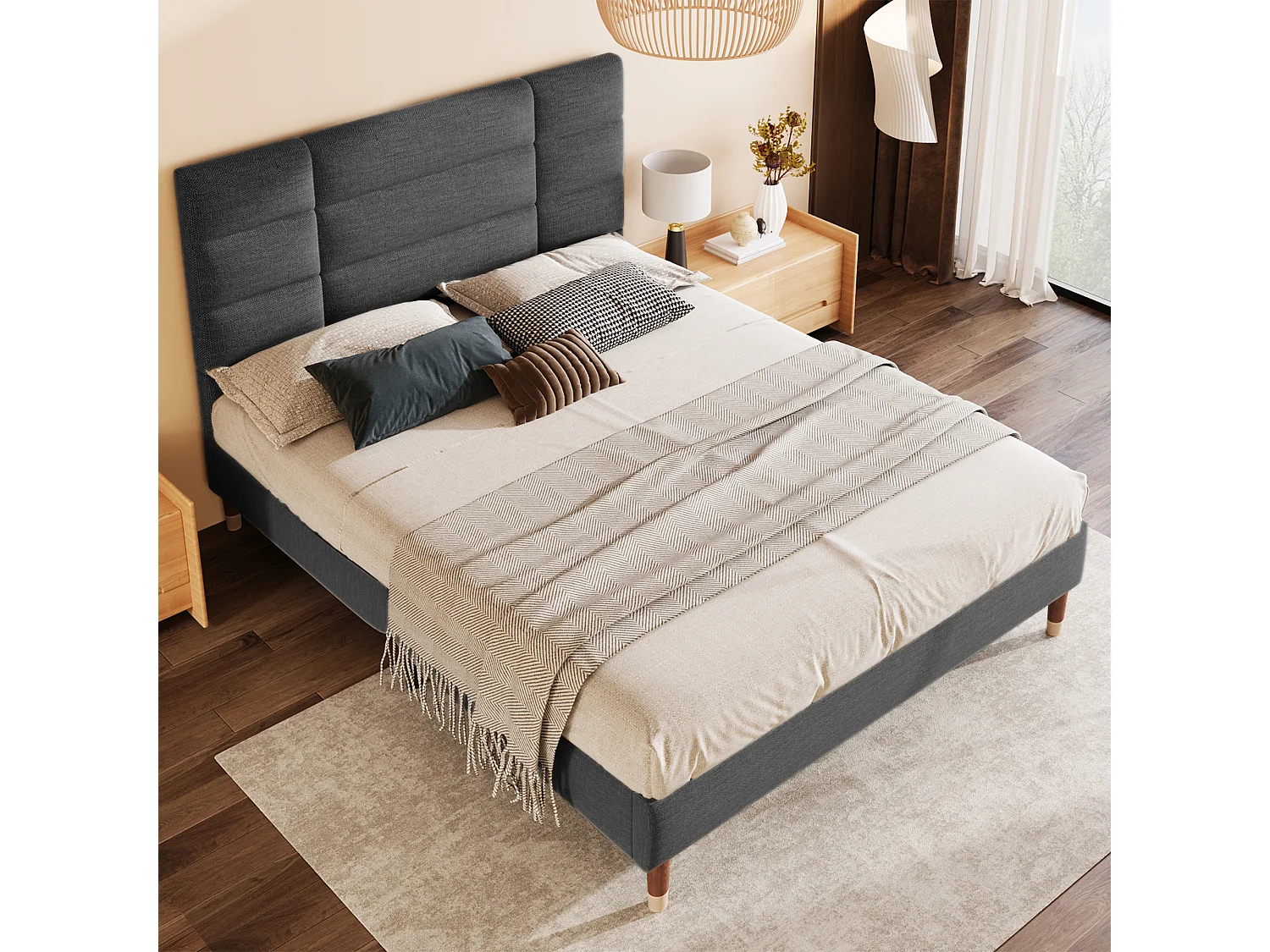 Bekleed Bed 140x200 cm - 8 cm Comfort Hoofdeinde en Stevige Lattenbodem - Met Onderbed Opbergruimte 17 cm - Linnen - Grijs - Zonder matras