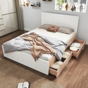 Bed 140×200 cm – Textuur Hoofd-/Voeteneinde – Verdiepte Lattenbodem – 2 Verwisselbare Laden – Slaapkamer – Hout;MDF – Wit+Lichtbruin – Zonder matras Bed 140×200 cm – Textuur Hoofd-/Voeteneinde – Verdiepte Lattenbodem – 2 Verwisselbare Laden – Slaapkamer – Hout;MDF – Wit+Lichtbruin – Zonder matras