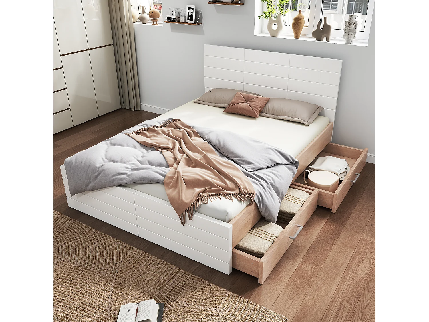 Bed 140x200 cm - Textuur Hoofd-/Voeteneinde - Verdiepte Lattenbodem - 2 Verwisselbare Laden - Slaapkamer - Hout;MDF - Wit+Lichtbruin - Zonder matras