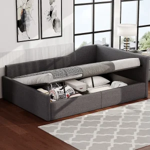 Bekleed Bed 140x200cm – Dagtbed met Opbergruimte Onder en Lattenbodem – Gestoffeerd Hoofdeinde, MDF/Multiplex Frame – Grijs – Zonder matras Bekleed Bed 140x200cm – Dagtbed met Opbergruimte Onder en Lattenbodem – Gestoffeerd Hoofdeinde, MDF/Multiplex Frame – Grijs – Zonder matras