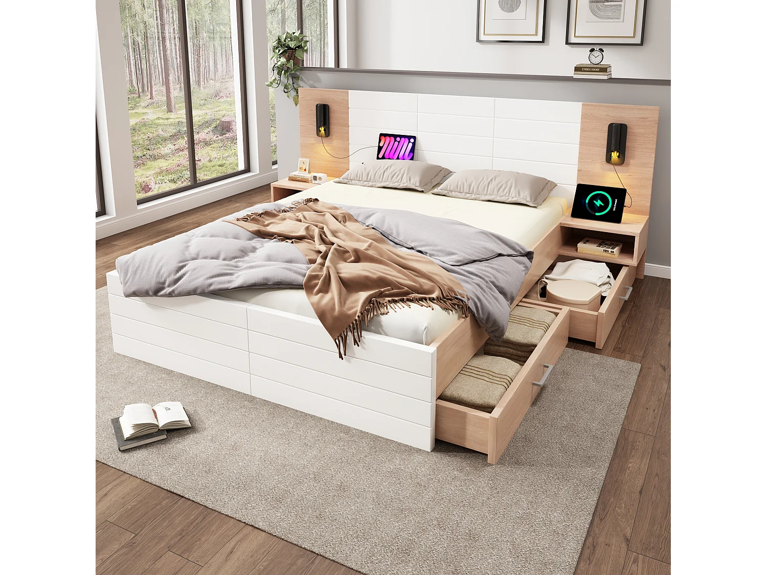 Bed 160x200cm - Hoofdeinde Met Leeslamp - USB Oplaadpunt - 2 Lades - Voor Slaapkamer - Hout & MDF - Wit+Lichtbruin - Zonder matras