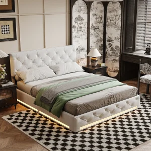Bed met opbergruimte 140×200 cm, tweepersoonsbed met ledverlichting, springbed met lattenbodem, linnen, beige