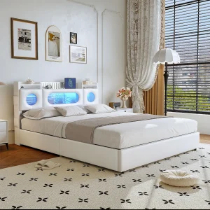Bed van 140×200 cm met lattenbodem met ledverlichting, opbergruimte in het hoofdeinde en USB-poort, acrylvenster, PU, wit Bed van 140×200 cm met lattenbodem met ledverlichting, opbergruimte in het hoofdeinde en USB-poort, acrylvenster, PU, wit