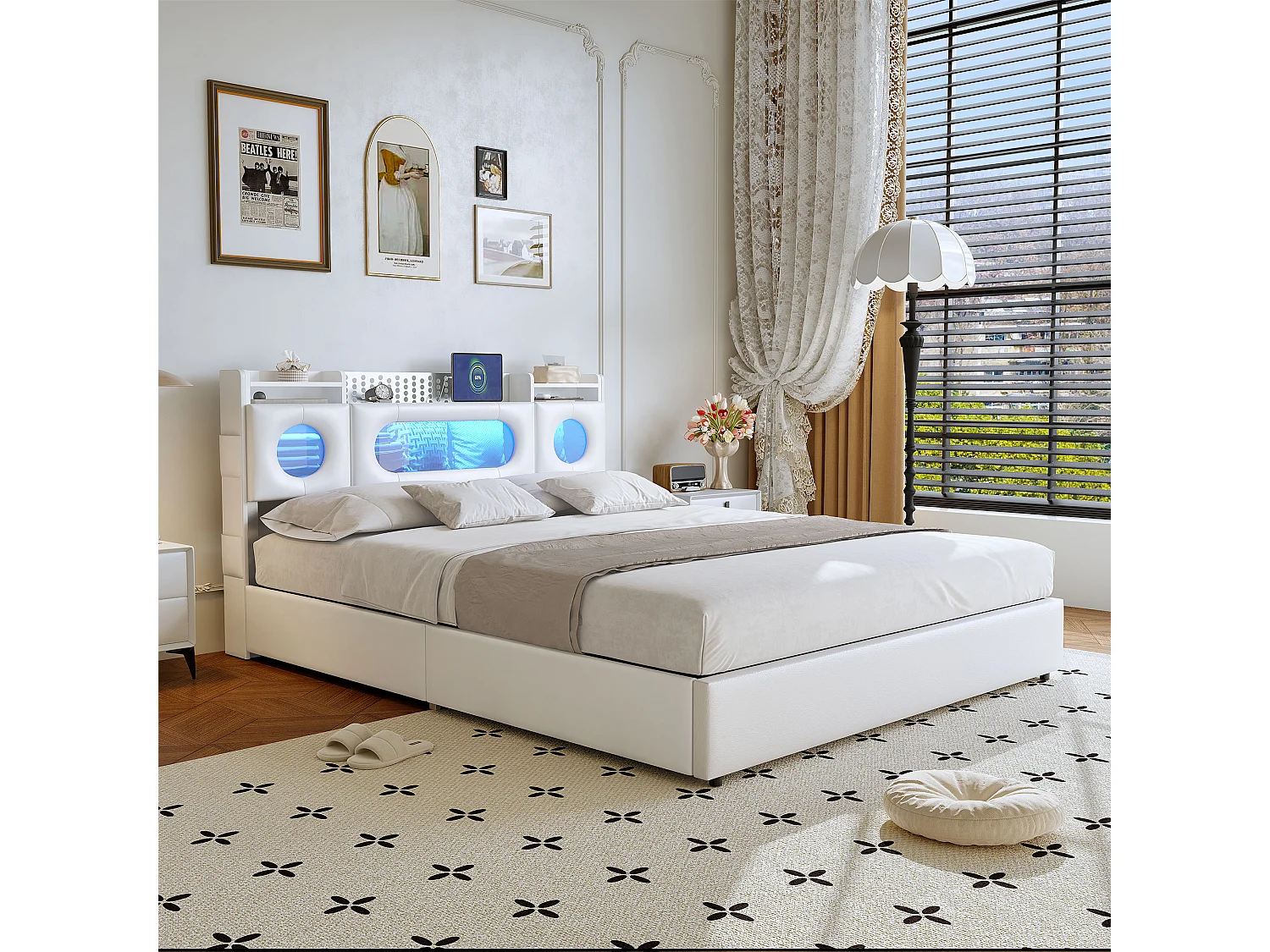 Bed van 140x200 cm met lattenbodem met ledverlichting, opbergruimte in het hoofdeinde en USB-poort, acrylvenster, PU, wit
