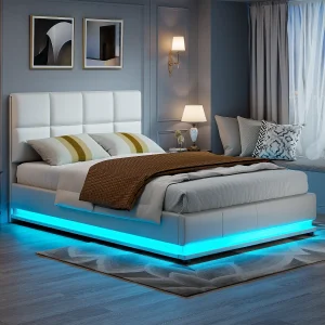 Bed van 140 x 190 cm met ledverlichting, verstelbaar hoofdeinde, lattenbodem, opbergruimte, PU-bekleding, wit Bed van 140 x 190 cm met ledverlichting, verstelbaar hoofdeinde, lattenbodem, opbergruimte, PU-bekleding, wit