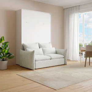 Opklapbaar bed verticale opening 140 x 200 cm wit + sofa – BEGANIO Opklapbaar bed verticale opening 140 x 200 cm wit + sofa – BEGANIO