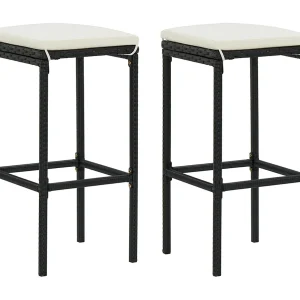 Barkrukken met kussens 2 st poly rattan zwart