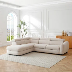 Beige linker hoekbank van getextureerde stof BESEMA, omvormbaar tot slaapbank Beige linker hoekbank van getextureerde stof BESEMA, omvormbaar tot slaapbank
