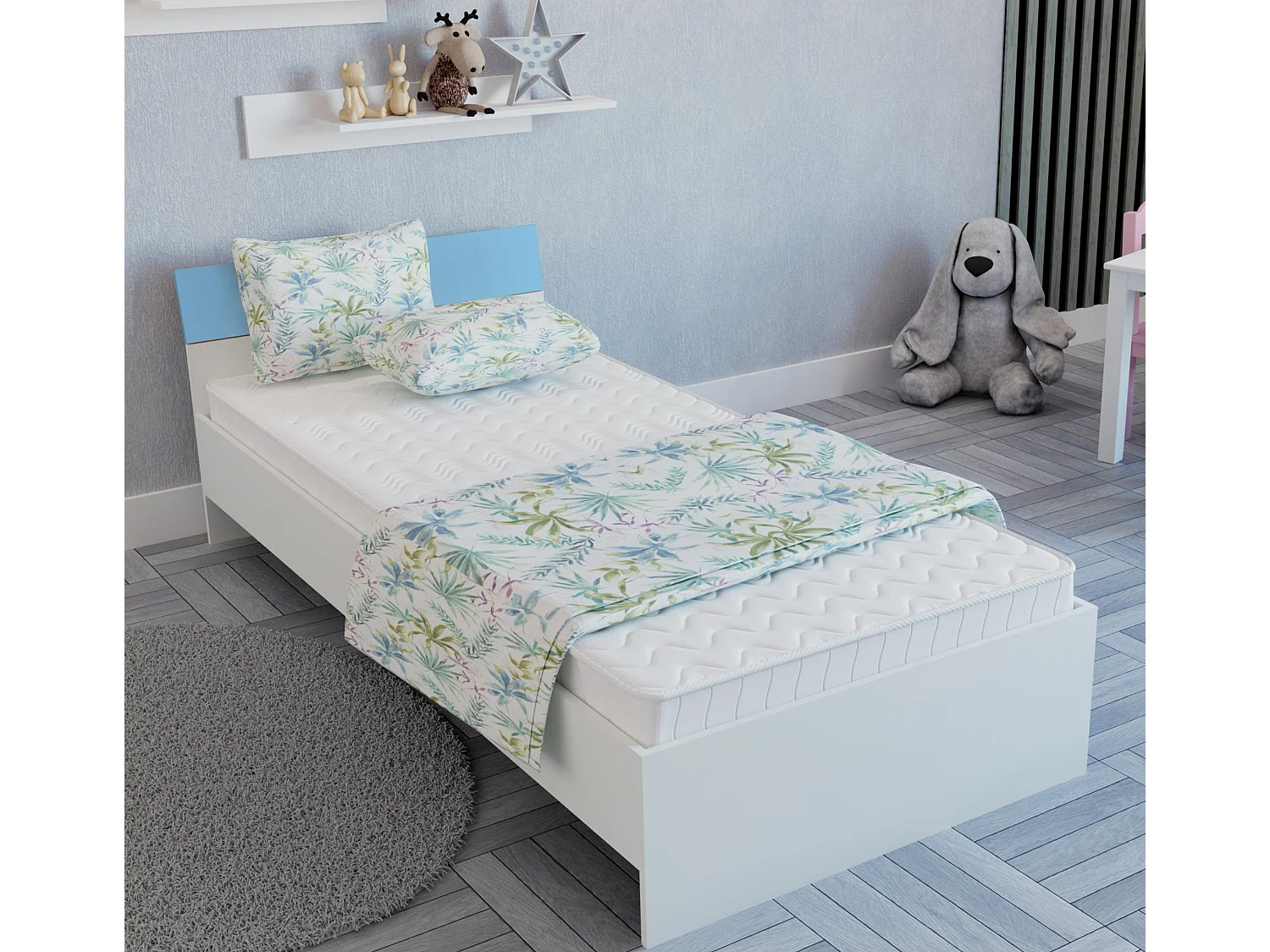 Bed Leco, 200 x 90 cm, schuimmatras inbegrepen, Wit/Blauw