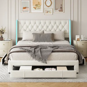 Beige gestoffeerd bed 160×200 cm met 3 opberglades en dubbele LED-verlichting, massief houten en stalen frame, eigentijdse stijl Beige gestoffeerd bed 160×200 cm met 3 opberglades en dubbele LED-verlichting, massief houten en stalen frame, eigentijdse stijl