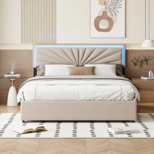 Beige tweepersoonsbed 140×200 cm met 4 opbergladen, verstelbare hoofdbord en RGB LED-verlichting met afstandsbediening Beige tweepersoonsbed 140×200 cm met 4 opbergladen, verstelbare hoofdbord en RGB LED-verlichting met afstandsbediening