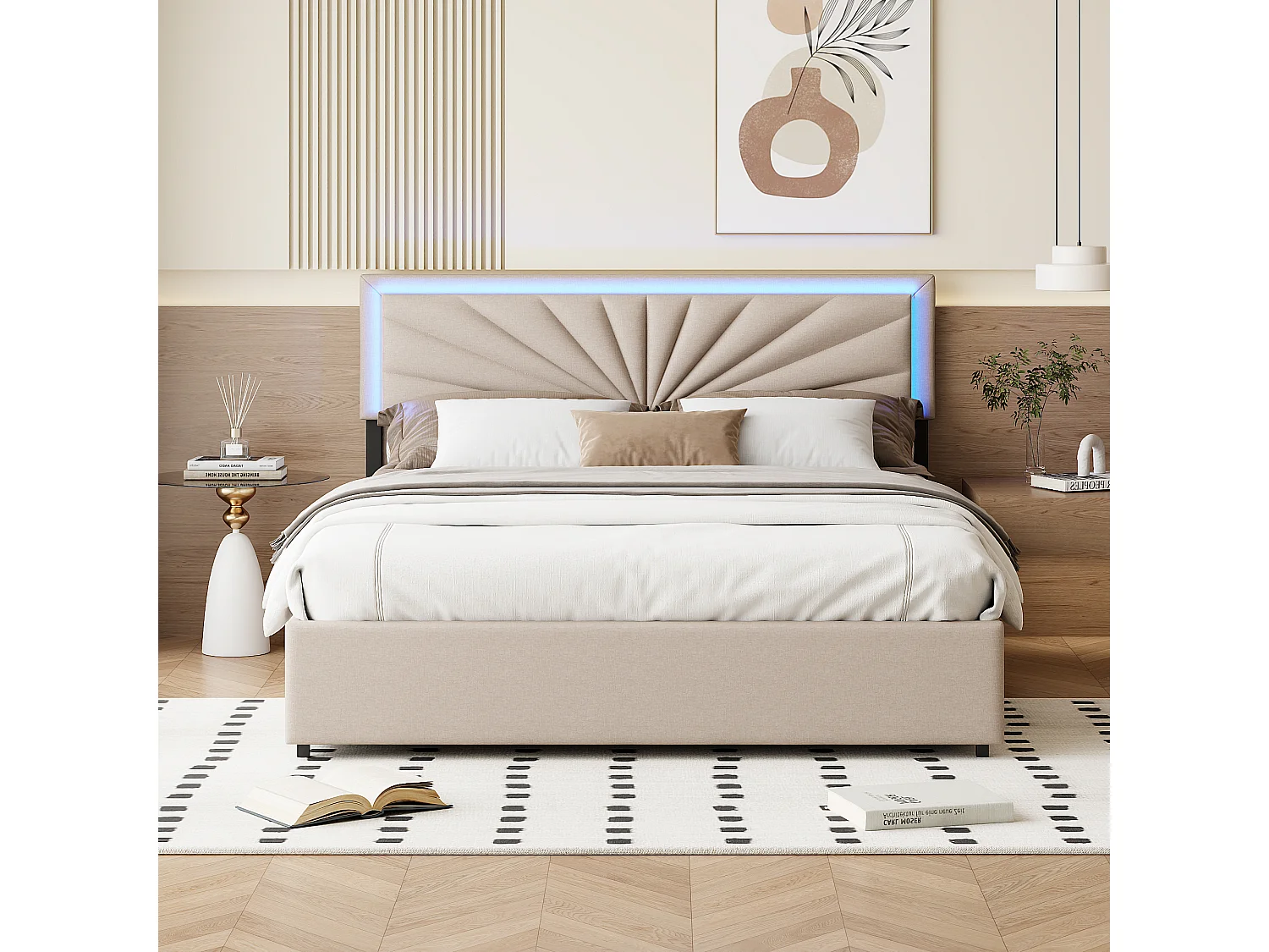 Beige tweepersoonsbed 140x200 cm met 4 opbergladen, verstelbare hoofdbord en RGB LED-verlichting met afstandsbediening