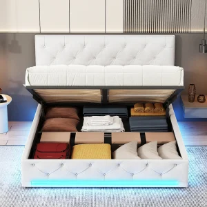 Beige gestoffeerd tweepersoonsbed 160×200 cm met hydraulische opbergruimte, instelbare RGB LED's en verstelbare hoofdbord Beige gestoffeerd tweepersoonsbed 160×200 cm met hydraulische opbergruimte, instelbare RGB LED's en verstelbare hoofdbord