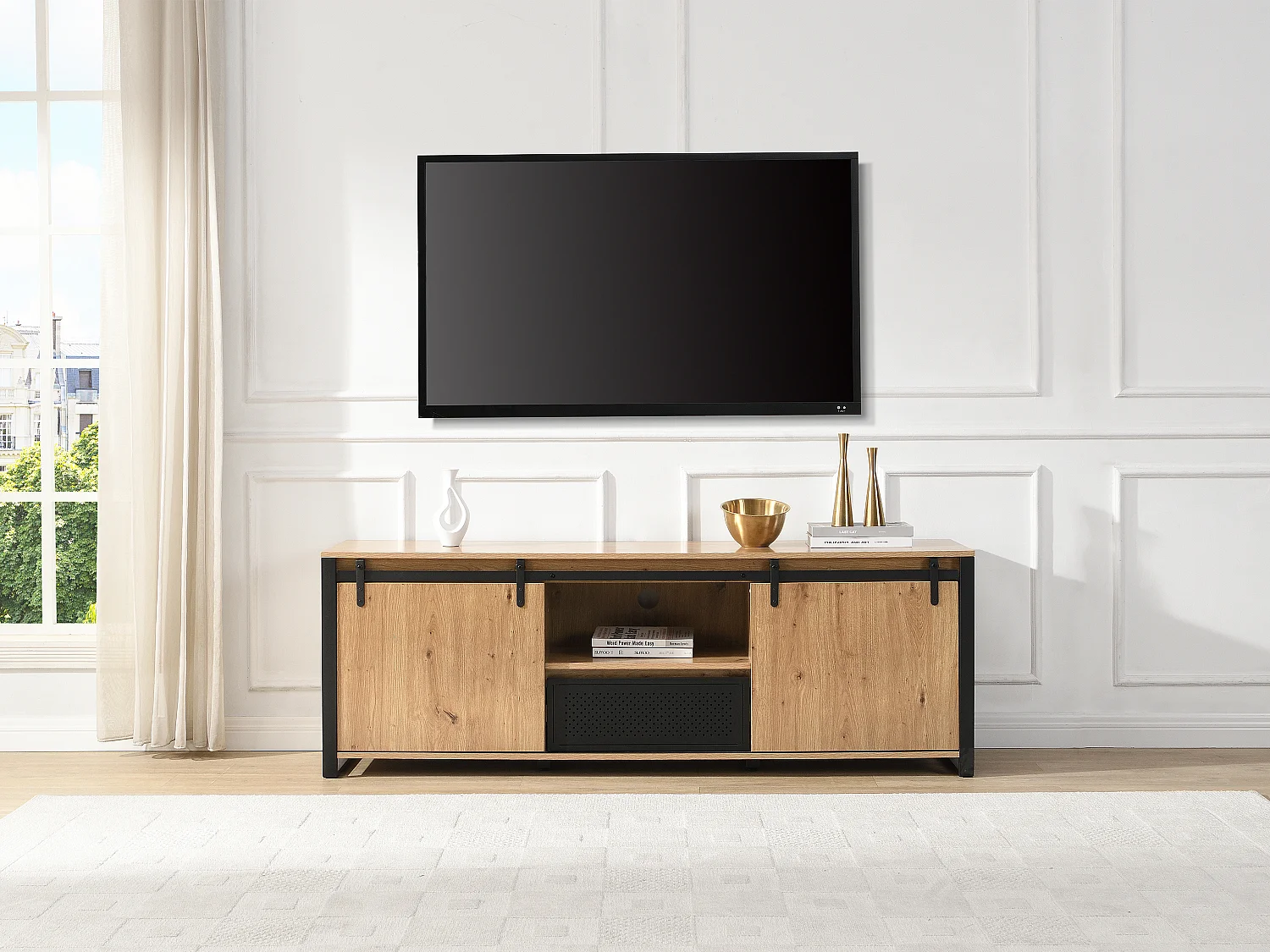 TV- Meubel met 2 schuifdeuren, 1 lade en 1 nis in MDF en zwart metaal - Naturel - BELINARO