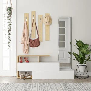 "Ramda" Houten Halmeubel met Spiegel – Beige – 137 x 35 x 154 cm – Kapstokken en Geïntegreerde Spiegel "Ramda" Houten Halmeubel met Spiegel – Beige – 137 x 35 x 154 cm – Kapstokken en Geïntegreerde Spiegel