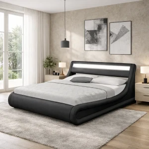 Bedframe in zwart PU met opbergruimte en geïntegreerde LED-verlichting 140×190 cm PORTLAND Bedframe in zwart PU met opbergruimte en geïntegreerde LED-verlichting 140×190 cm PORTLAND