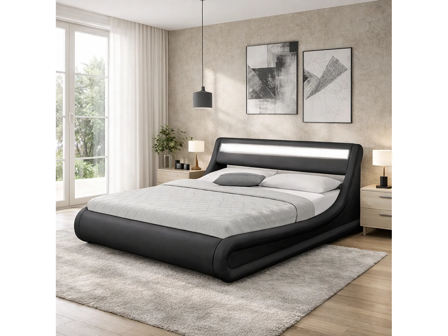Bedframe in zwart PU met opbergruimte en geïntegreerde LED-verlichting 140x190 cm PORTLAND