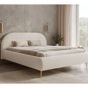 BESILIO Modern bed met opbergruimte 200×200 Apolline II – bed met afgerond hoofdbord, zachte pluche stof, hoge poten – Crèmekleurig