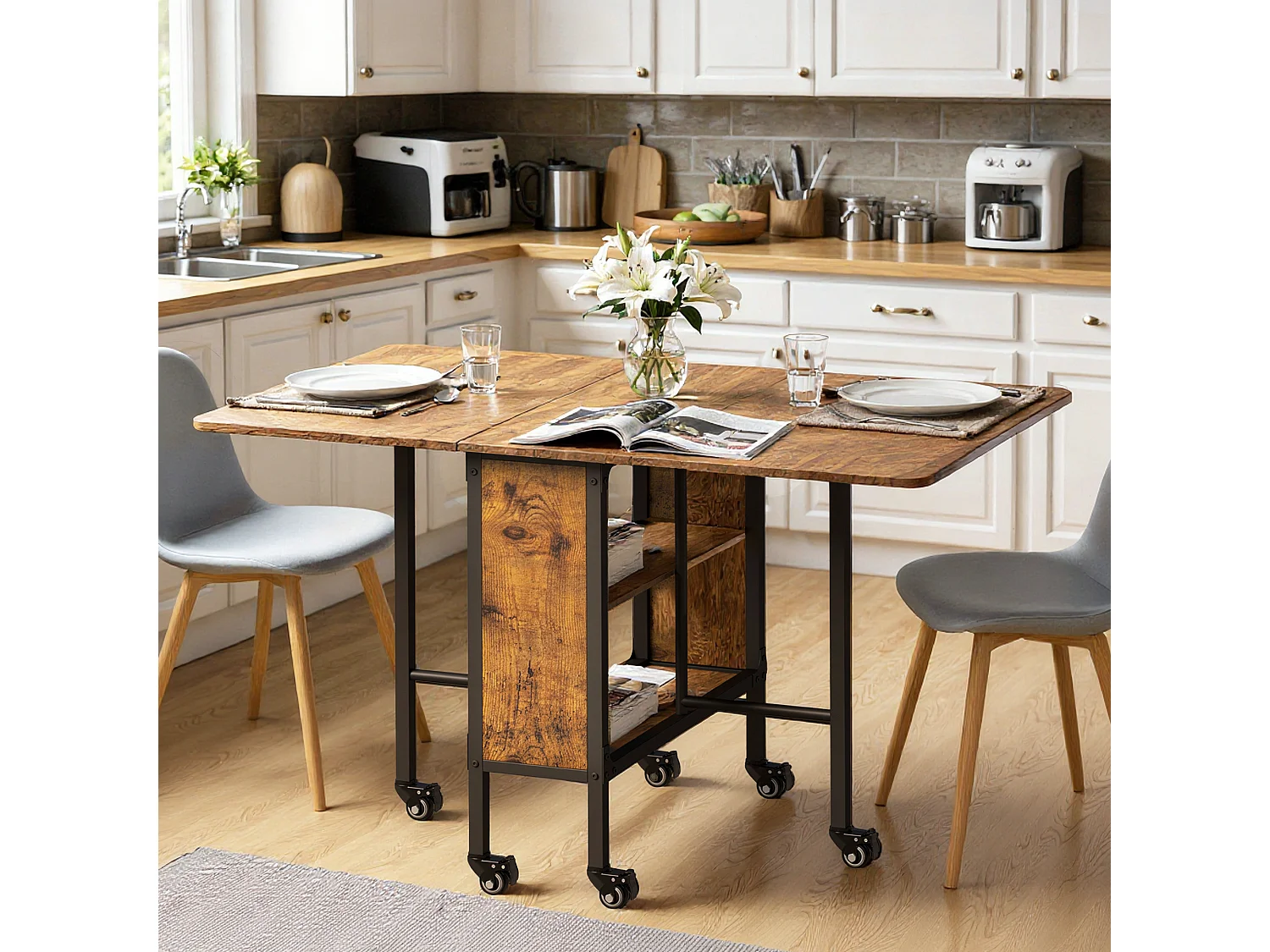 Bealife 3-in-1 Vouwbare Mobiele Eettafel Zwart 130×80×74cm Tweezijdig Vouwbaar Ruimtebesparend, Multifunctioneel