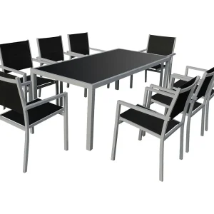 BARI zwart textilene tuinset, 8 zitplaatsen – grijs aluminium BARI zwart textilene tuinset, 8 zitplaatsen – grijs aluminium