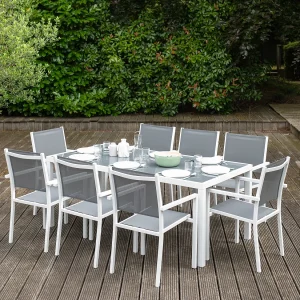 BARI grijs textilene tuinset 8 zitplaatsen – wit aluminium BARI grijs textilene tuinset 8 zitplaatsen – wit aluminium