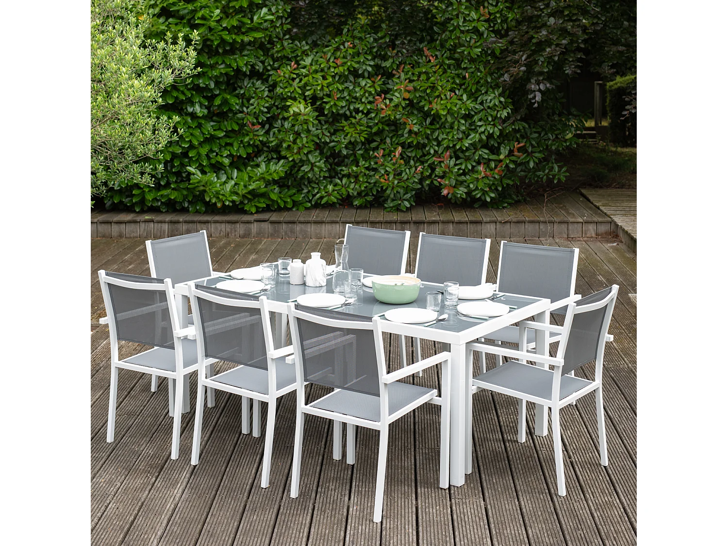 BARI grijs textilene tuinset 8 zitplaatsen – wit aluminium