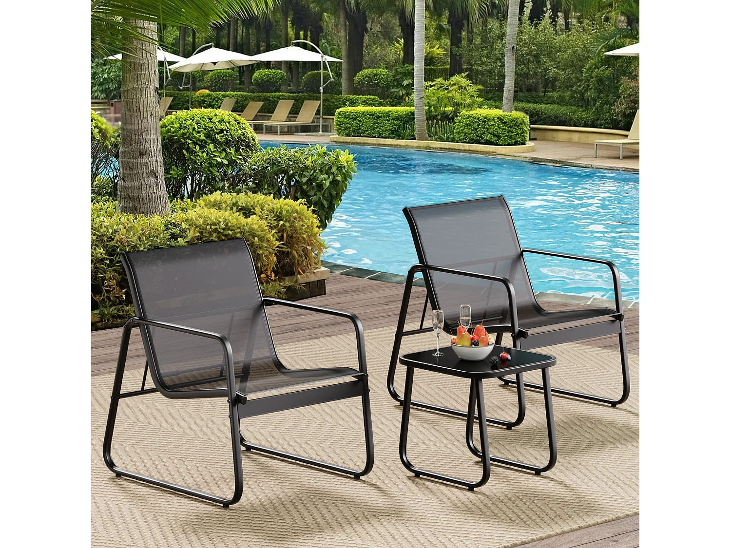 Bealife Outdoor Bankset – 2 stoelen + 1 tafel, met armleuningen, zwart 63×72×76cm, fris en ademend, aangepast aan de rugcurven