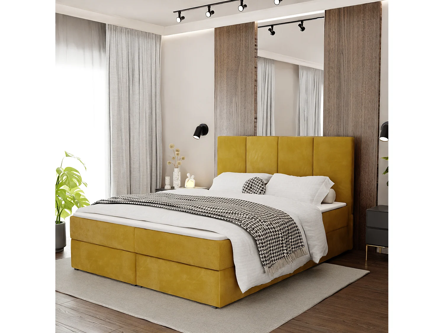 Bed Continentaal 140x200 cm Gestoffeerd Dubbel Met Matras Geel Velours Magic Velvet