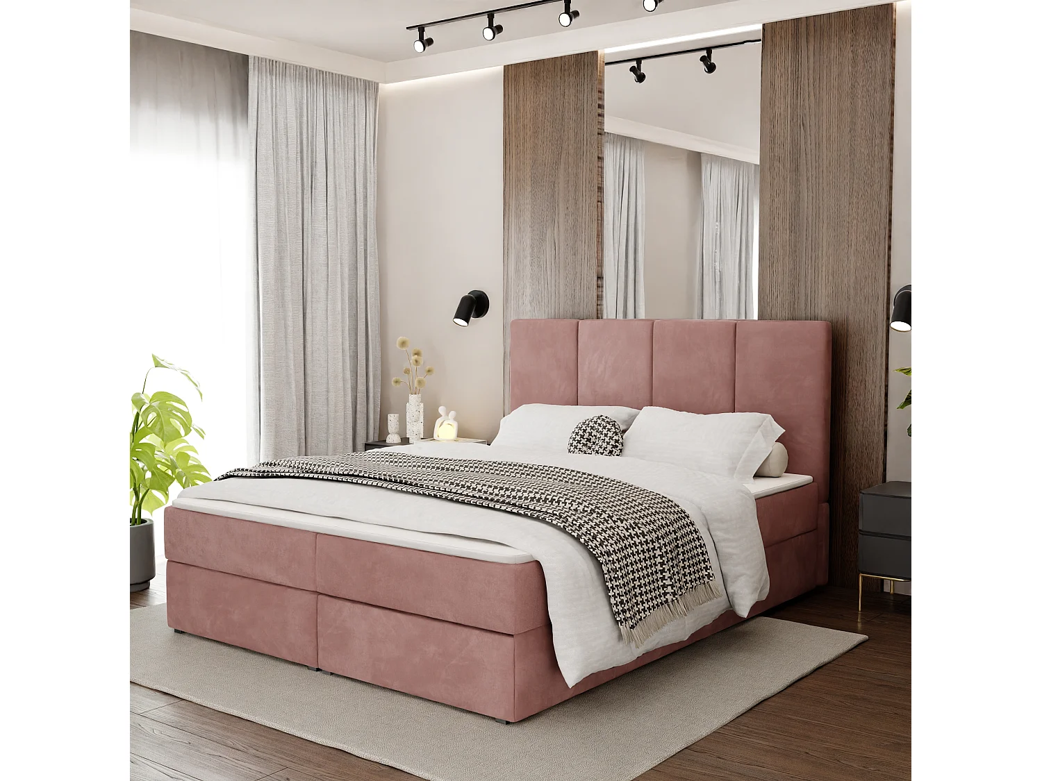 Bed Continentaal 160x200 cm Gestoffeerd Dubbel Met Matras Roze Velours Magic Velvet