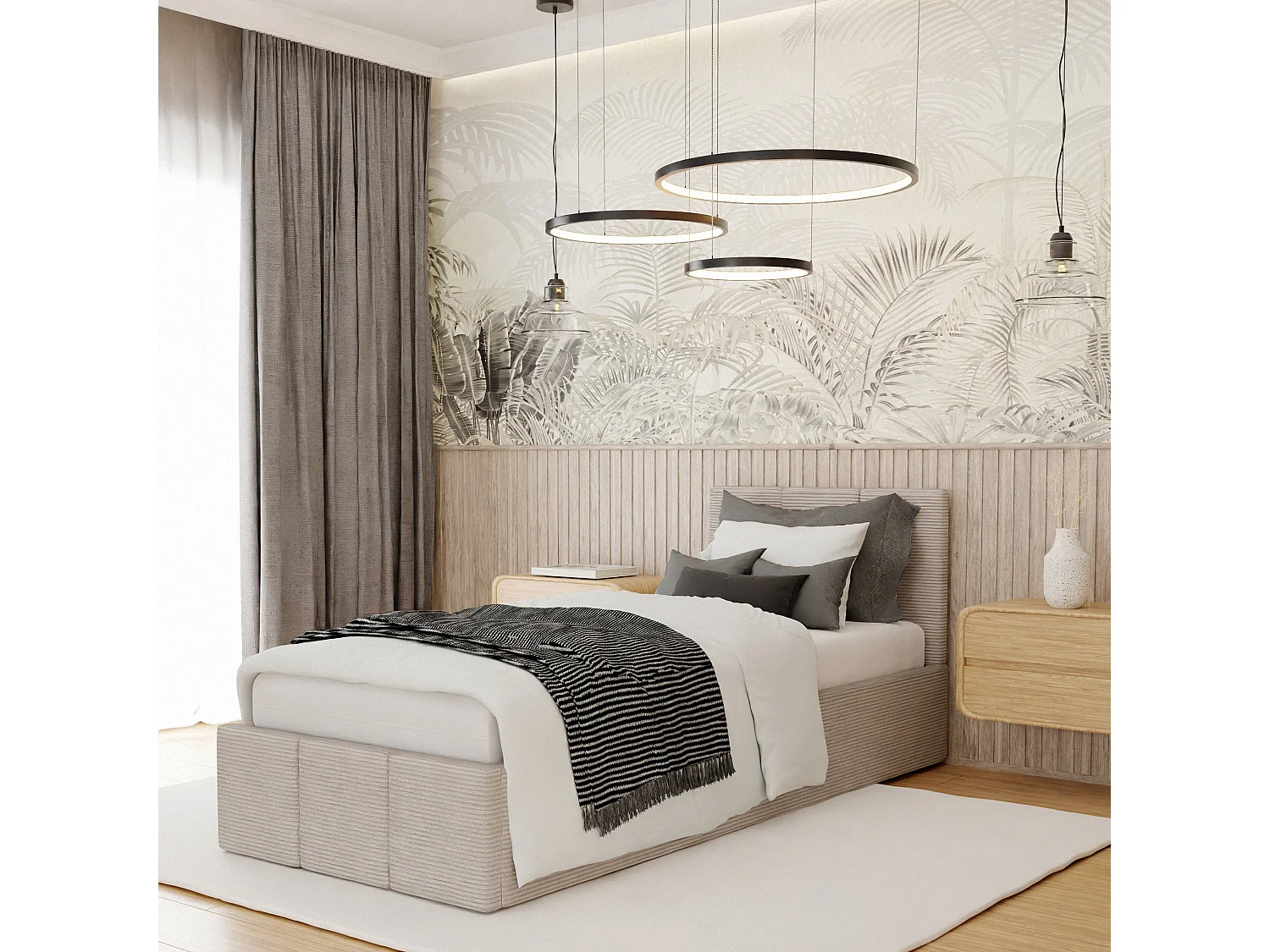 Bed Gestoffeerd 90x200 Cm Eenpersoons Stof CORD Beige Voor De Slaapkamer