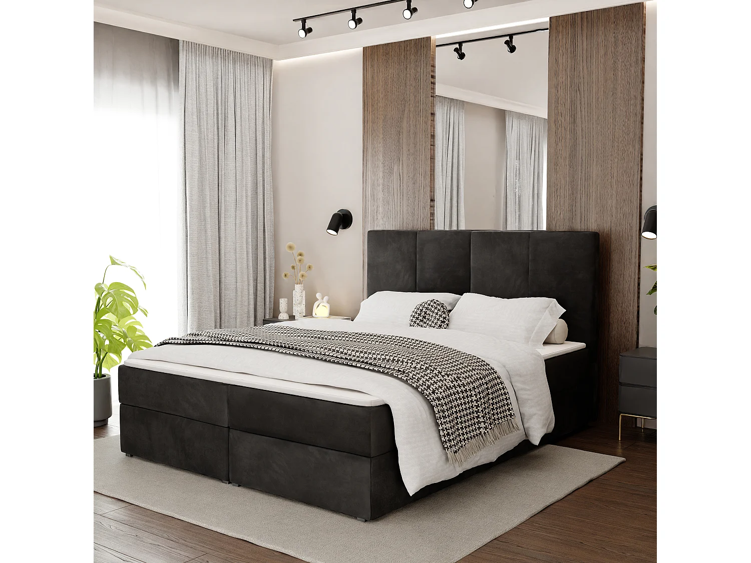 Bed Continentaal 180x200 cm Gestoffeerd Dubbel Met Matras Zwart Velours Magic Velvet