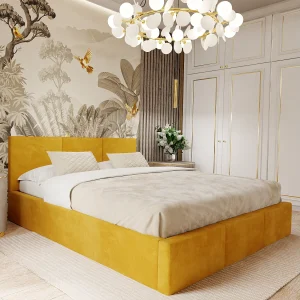 Bed Gestoffeerd Voor Slaapkamer 180cm x 200cm Dubbel Met Opbergruimte Geel Bed Gestoffeerd Voor Slaapkamer 180cm x 200cm Dubbel Met Opbergruimte Geel