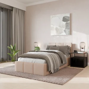 Bed Gestoffeerd 90cm x 200cm Enkel Met Opbergruimte Crème