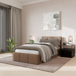 Bed Gestoffeerd 90cm x 200cm Enkel Met Opbergruimte Beige Bed Gestoffeerd 90cm x 200cm Enkel Met Opbergruimte Beige