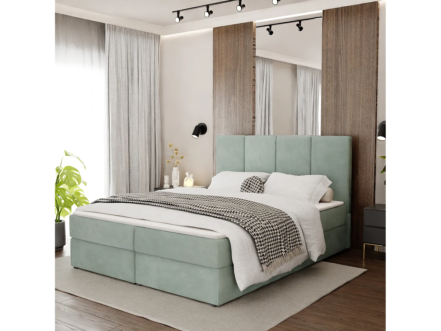 Bed Continentaal 160x200 cm Gestoffeerd Dubbel Met Matras Muntgroen Velours Magic Velvet