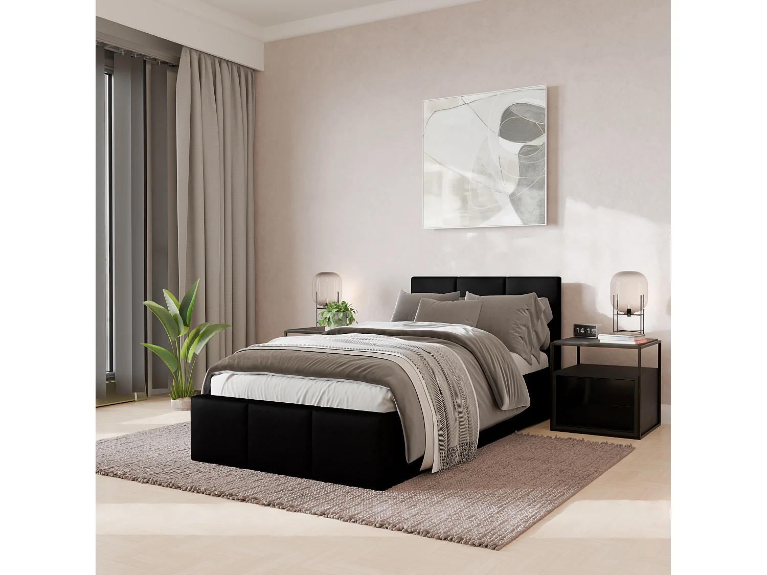 Bed Gestoffeerd 90cm x 200cm Enkel Met Opbergruimte Zwart