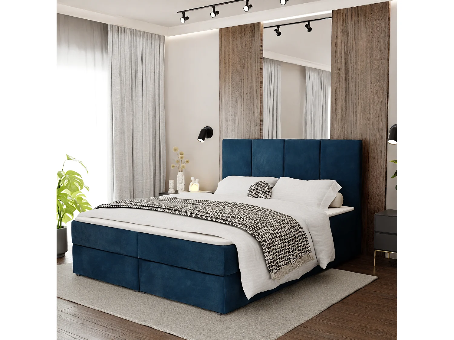 Bed Continentaal 160x200 cm Gestoffeerd Dubbel Met Matras Marineblauw Velours Magic Velvet