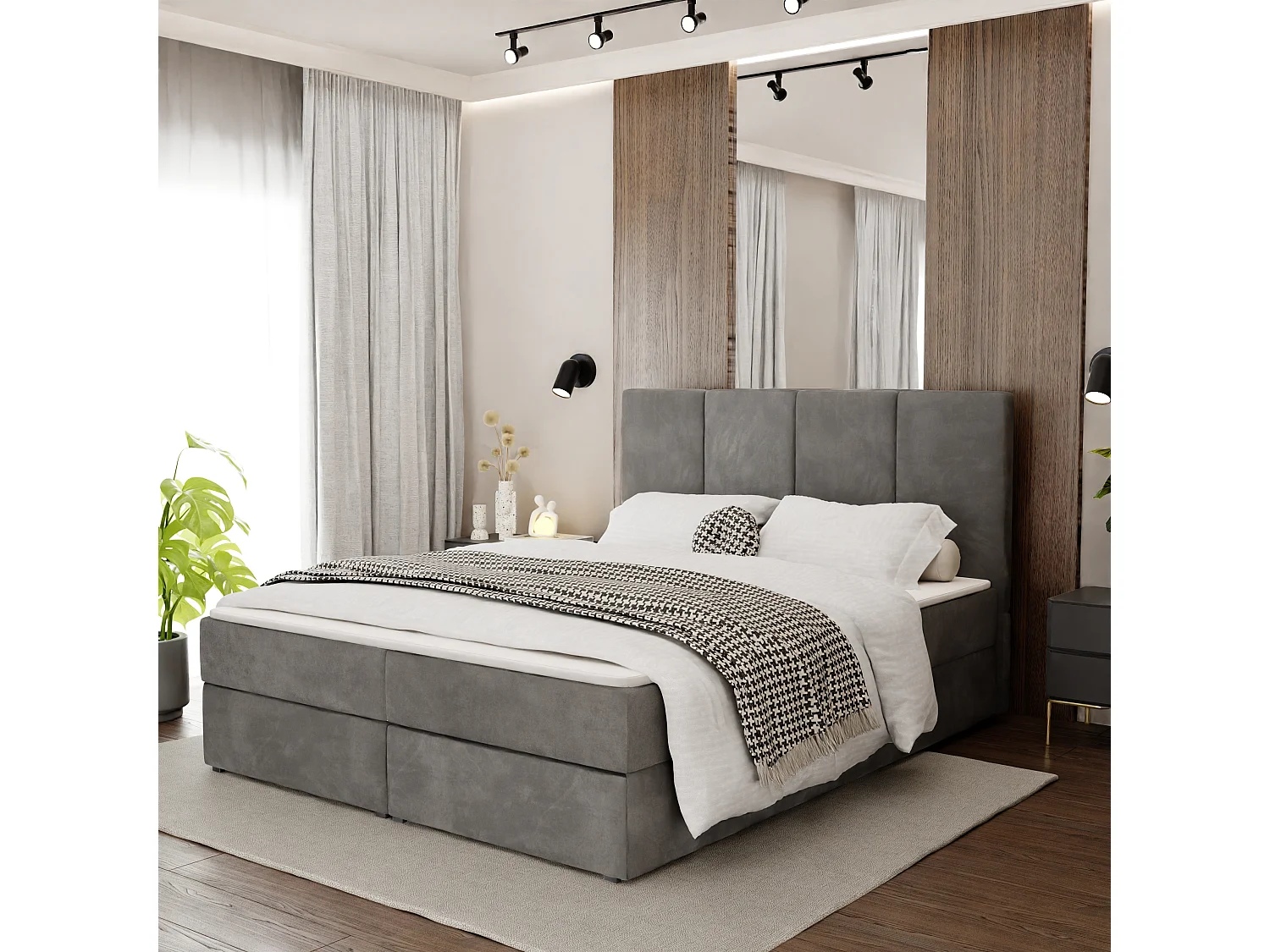 Bed Continentaal 160x200c m Gestoffeerd Dubbel Met Matras Grijs Velours Magic Velvet