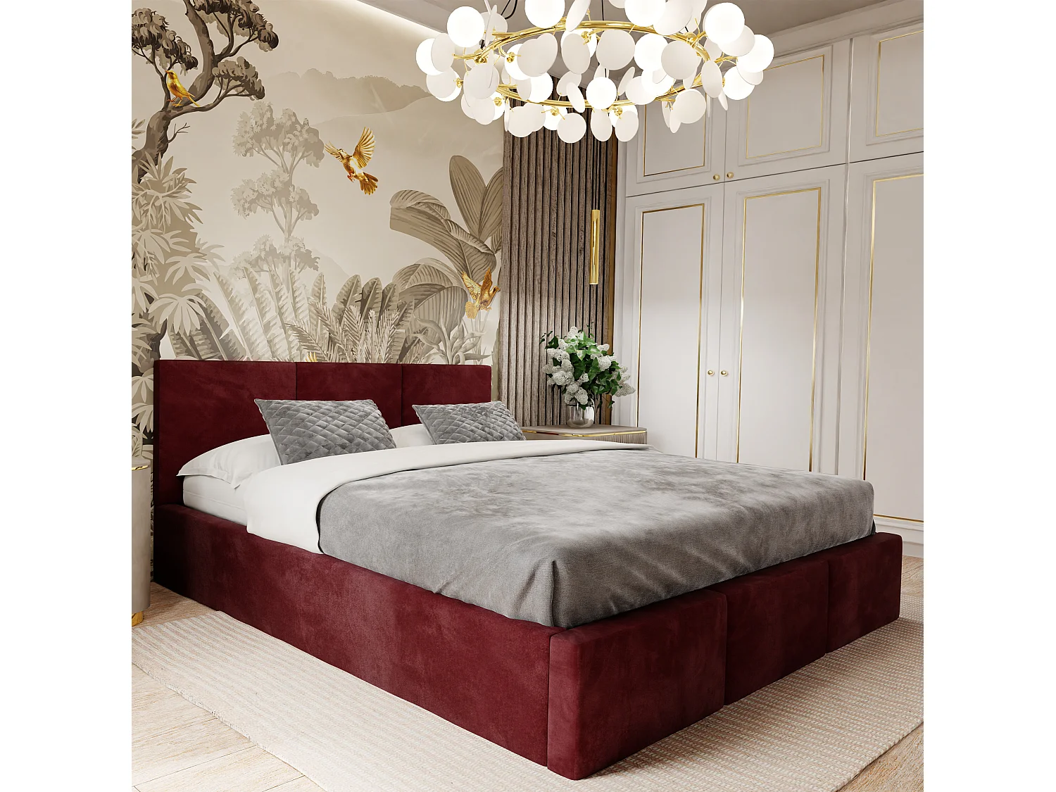 Bed Gestoffeerd Voor Slaapkamer 180cm x 200cm Met Opbergruimte Dubbel Bordeaux