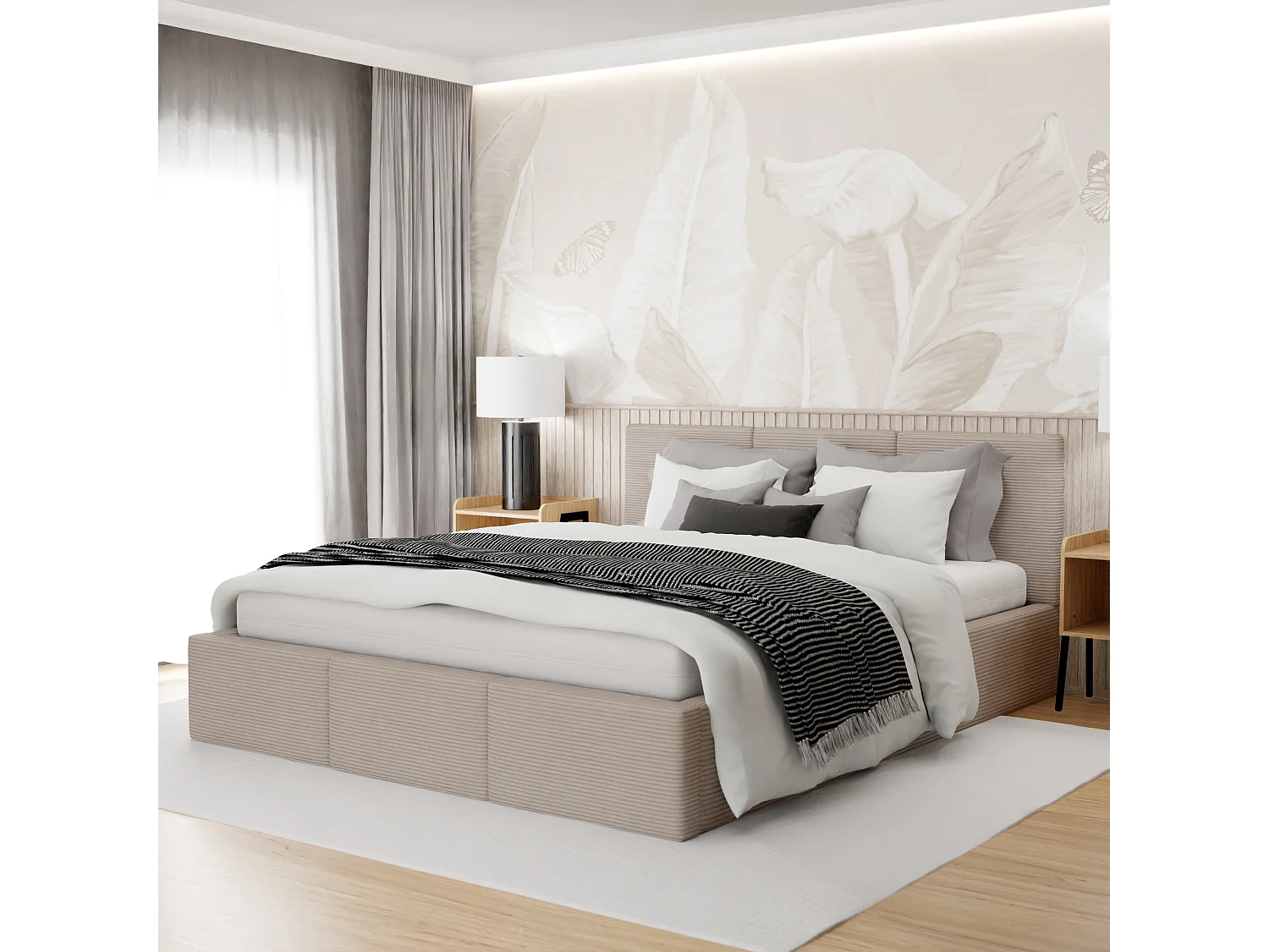 Bed Gestoffeerd 120x200 Cm Dubbel Stof CORD Beige Voor De Slaapkamer