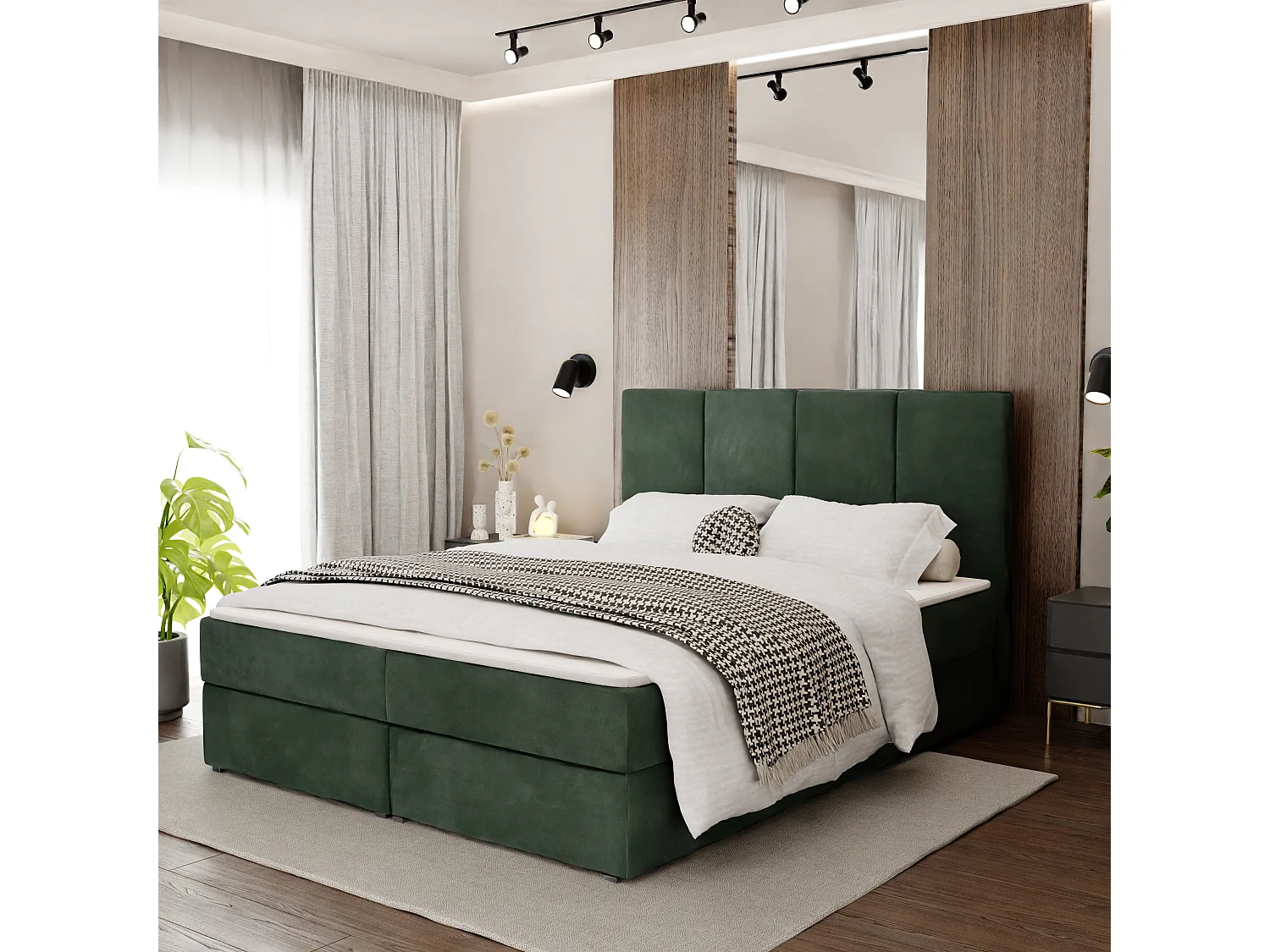 Bed Continentaal 160x200 cm Gestoffeerd Dubbel Met Matras Flessengroen Velours Magic Velvet